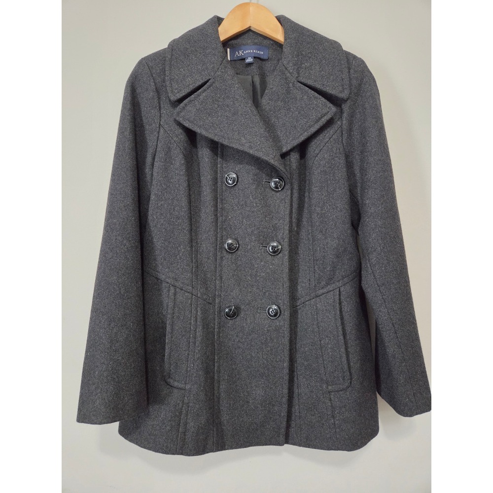 Anne Klein Womens Gray Wool Blend Double Breasted Pea Coat Jacket PM Charcoal